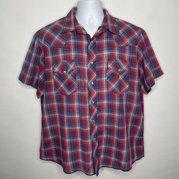 💜 3/$30 Vintage 80s Rustler Red Blue Plaid Pearl Snap Western Shirt - Picture 1 of 8